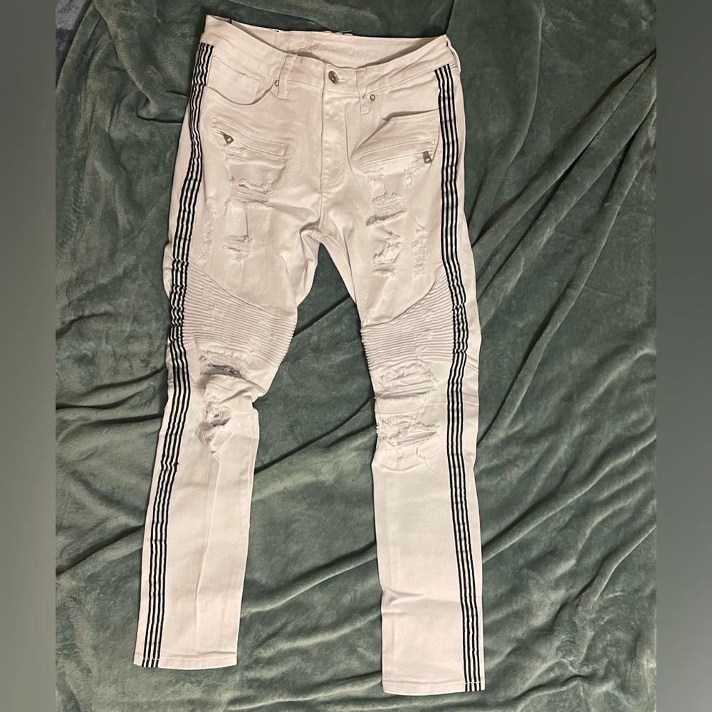 Men's White Distressed Jeans with Stripes